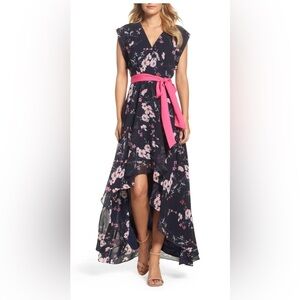 Eliza J Floral Short Sleeve High-Low Waist Tie Belted Chiffon Wrap Midi Dress